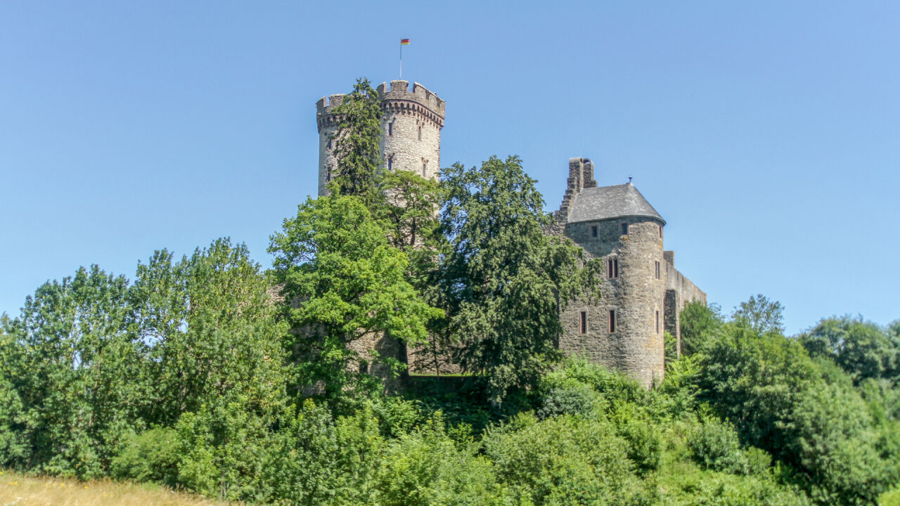 Burg mit rundem Turm hinter Bäumen unter blauem Himmel Burg mit rundem Turm hinter Bäumen unter blauem Himmel